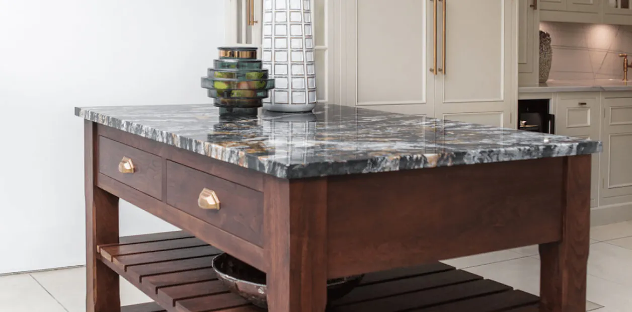 Earthy rustic kitchen island and cabinet