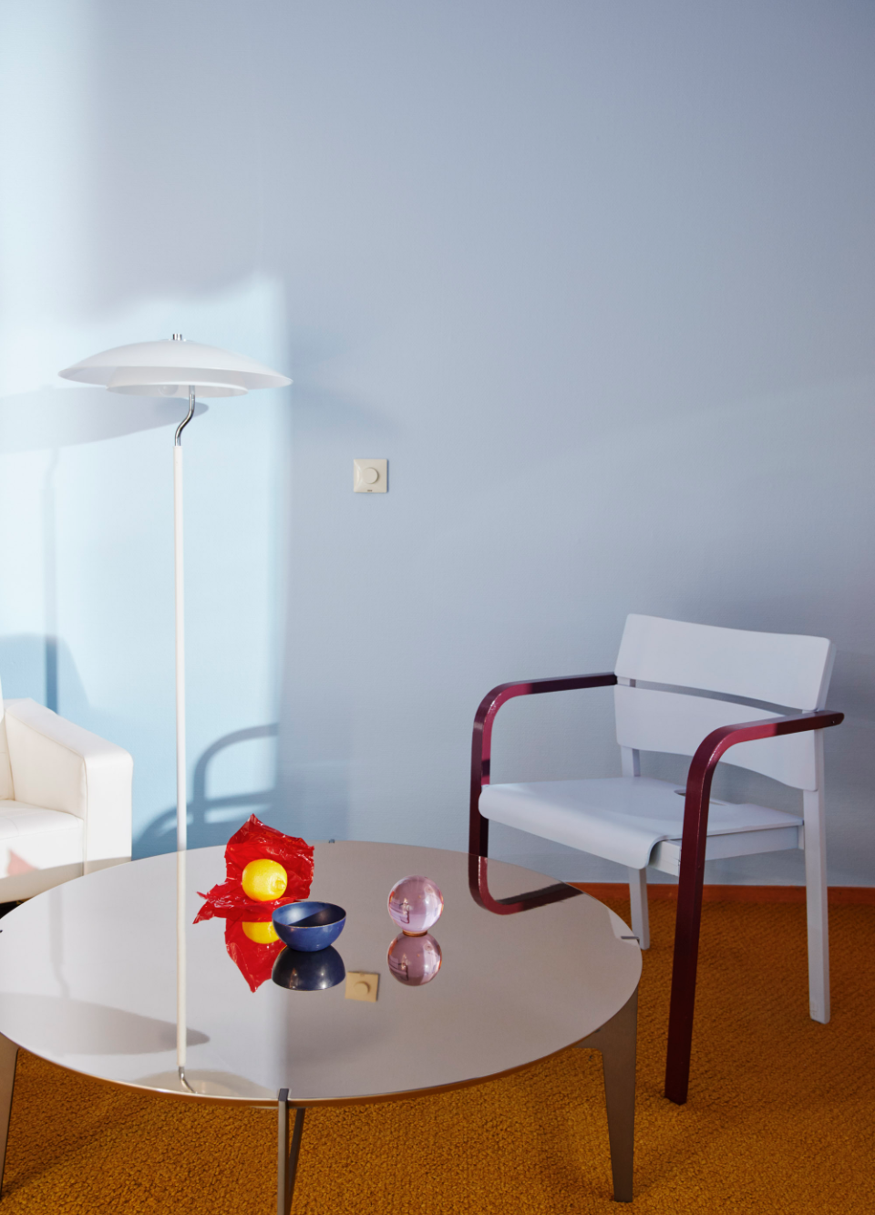 coffee table with a blue wall