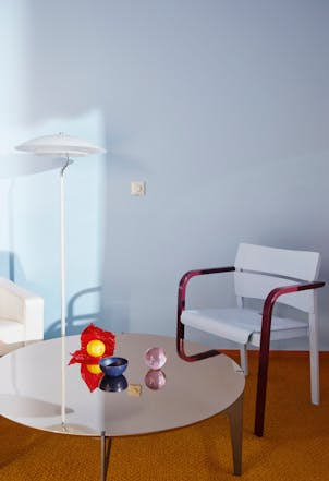 coffee table with a blue wall