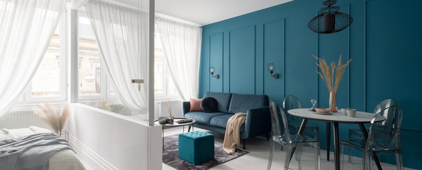 Living room with a teal feature wall