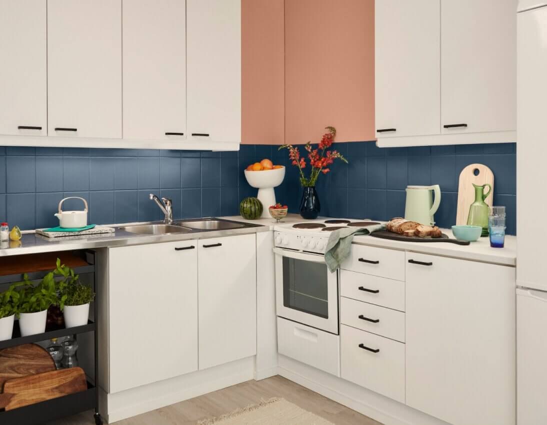 white kitchen cabinets with blue tiles
