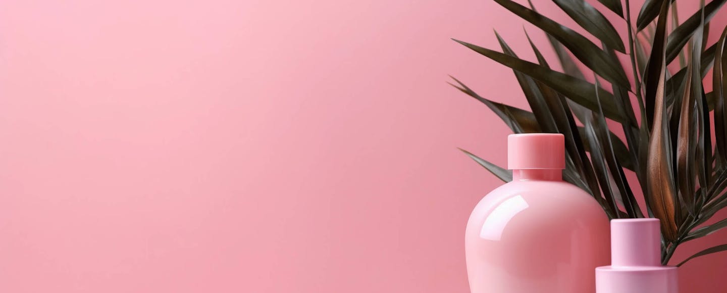 Vibrant pink wall with a vase and plant