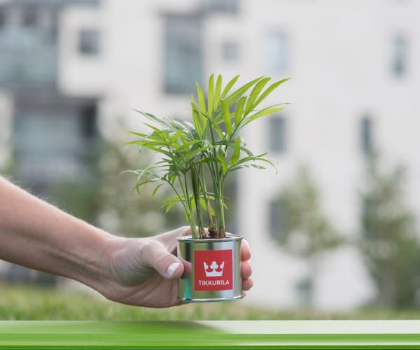 metal pot with tikkurila logo with a green plant inside