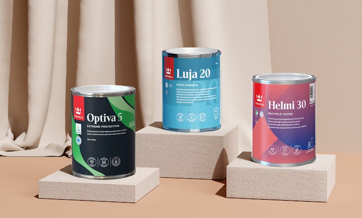 optiva 5, luja 20 and helmi 30 paint tins
