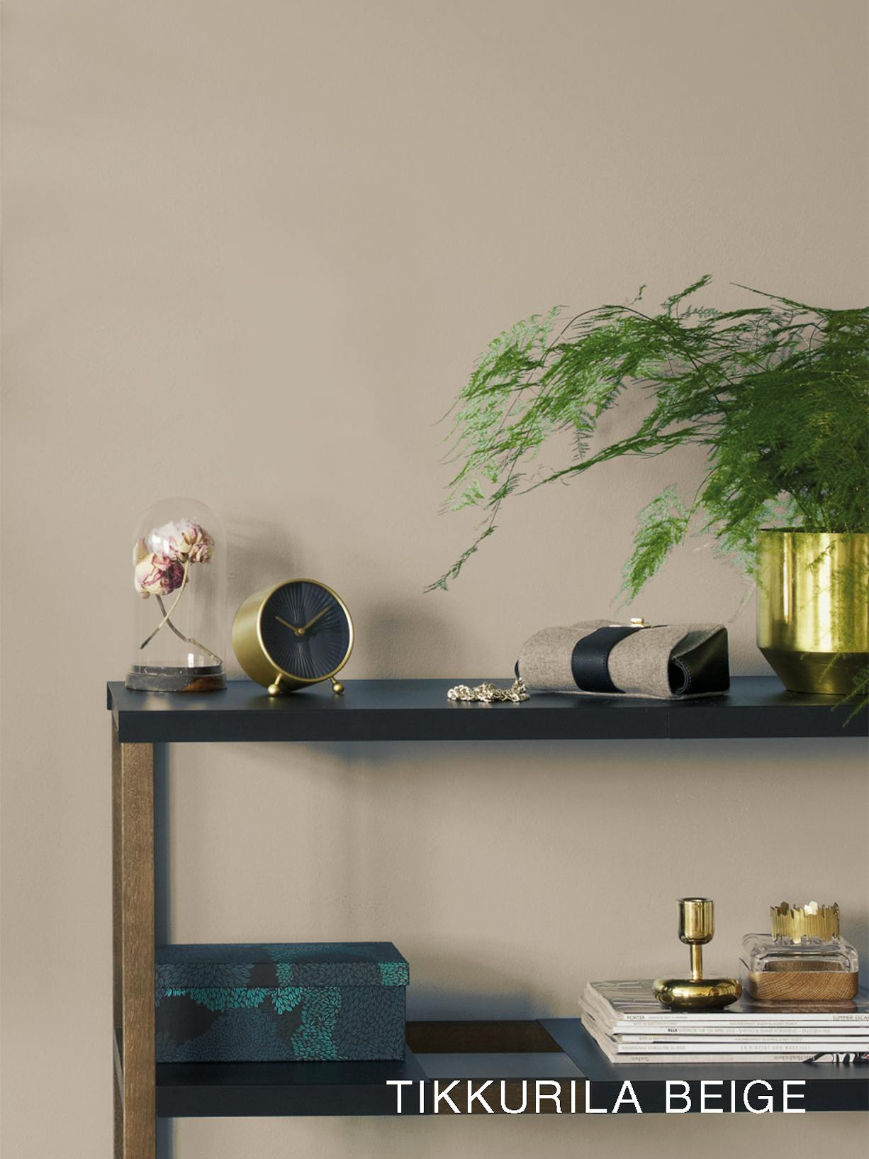 Dark Side Table with Plant in Fold Pot, Clock and Decorations Against Beige Wall