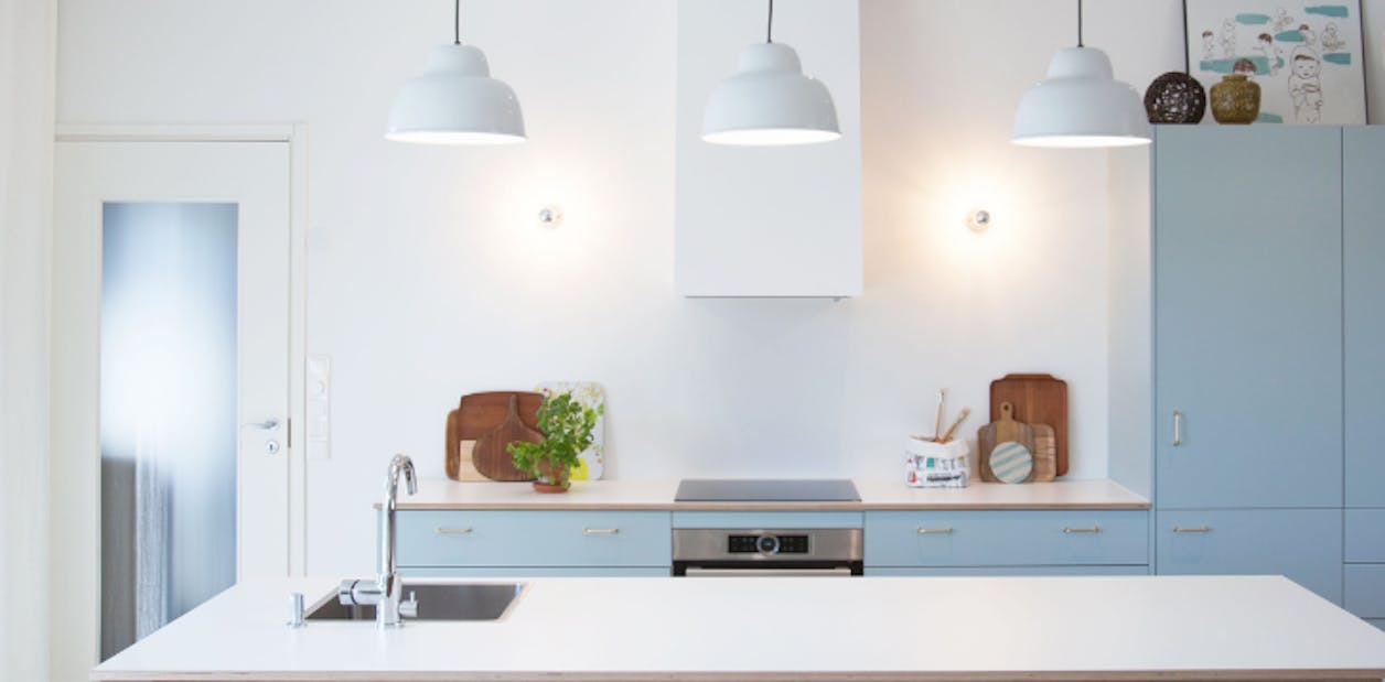 Light blue and white kitchen