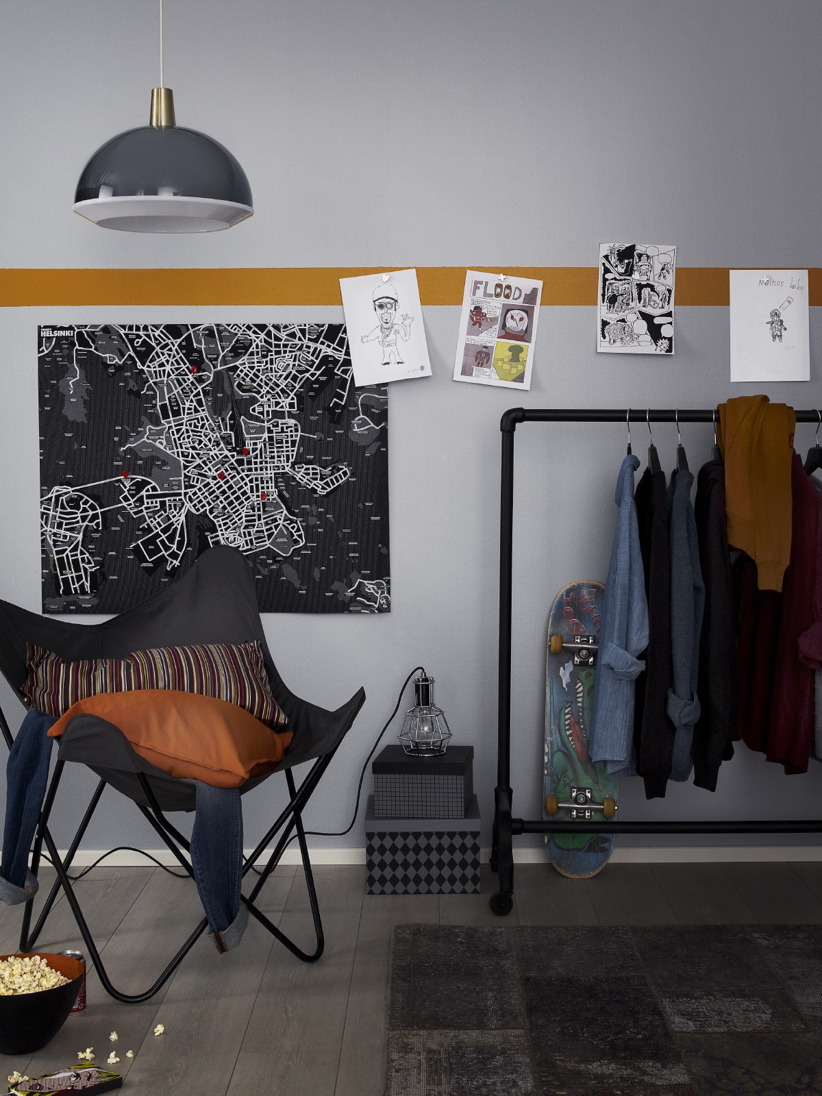 city mural with orange line