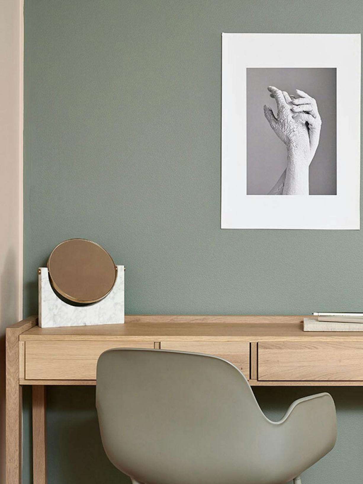 Sage Green Home Office Featuring Art, Desk, Chair and Mirror