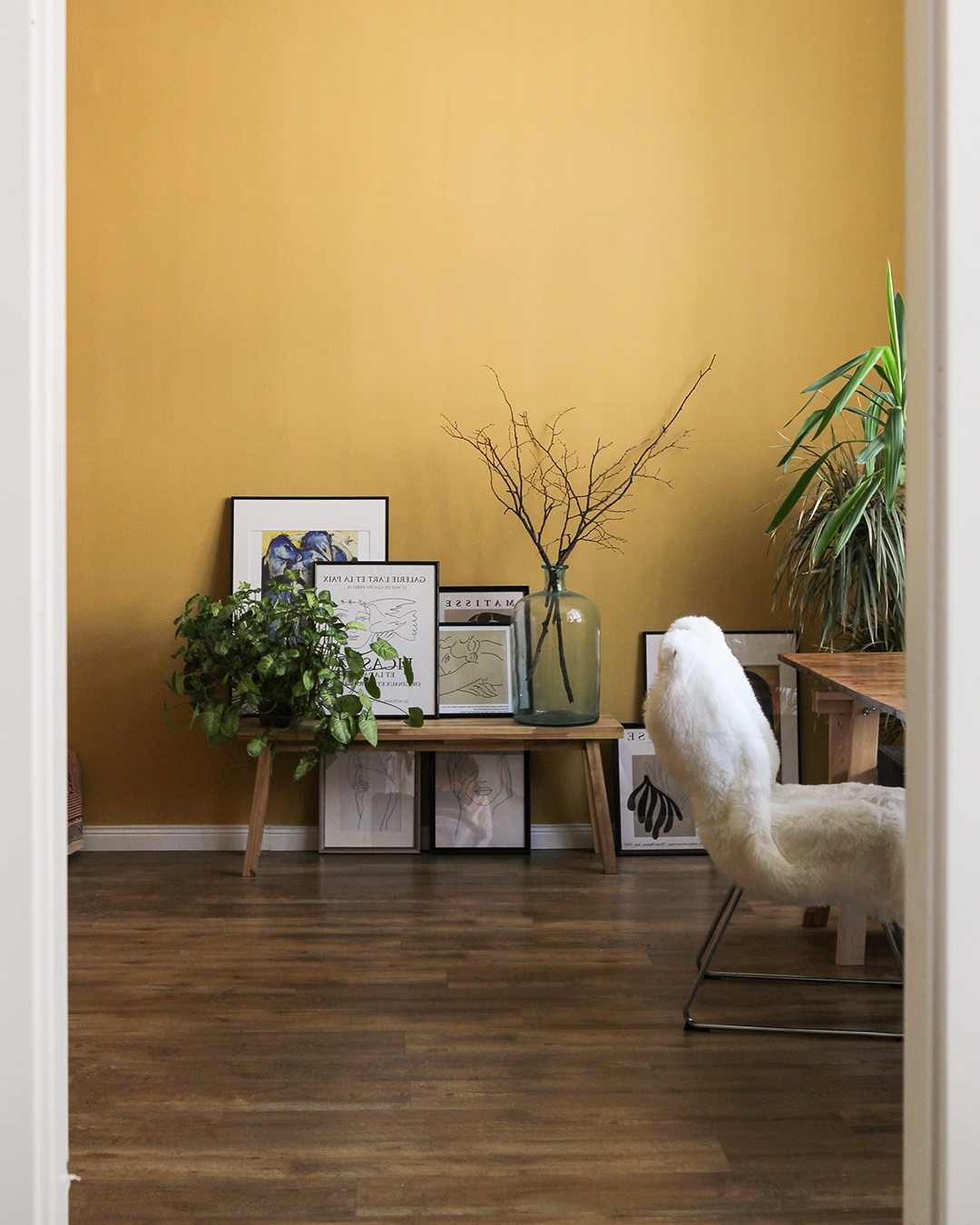 chair, pictures and plants in front of yellow wall thumbnail