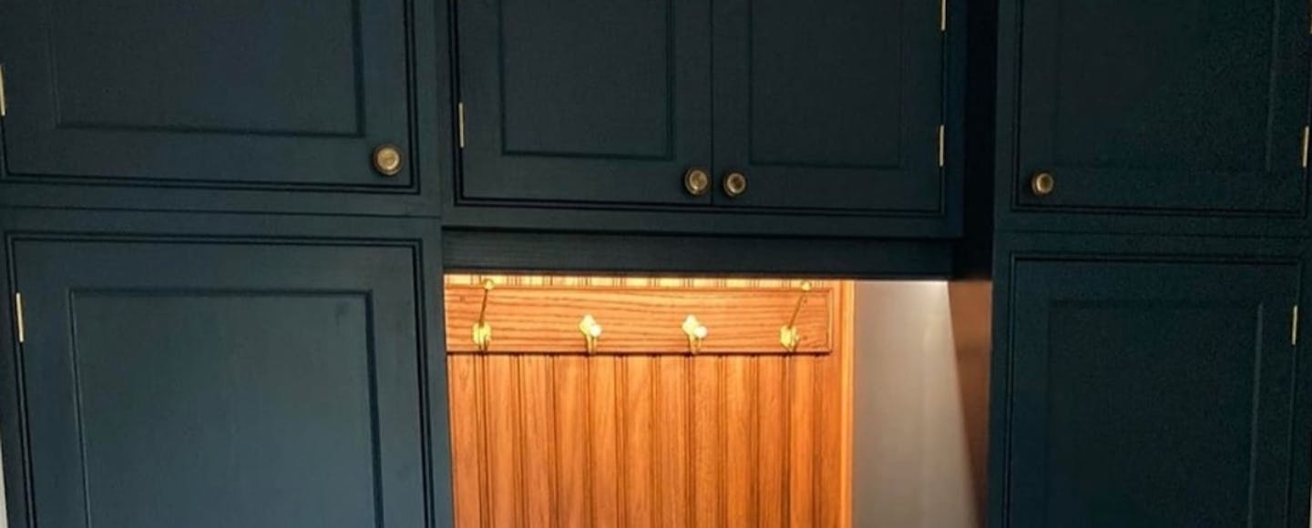 custom oak boot mud room painted blue