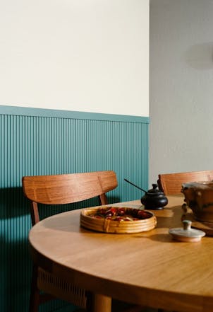 Half-wall panelling painted in silk road with a soft neutral wall