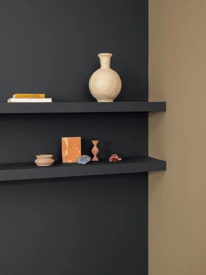 Dark charcoal painted shelving styled with ceramics and natural objects
