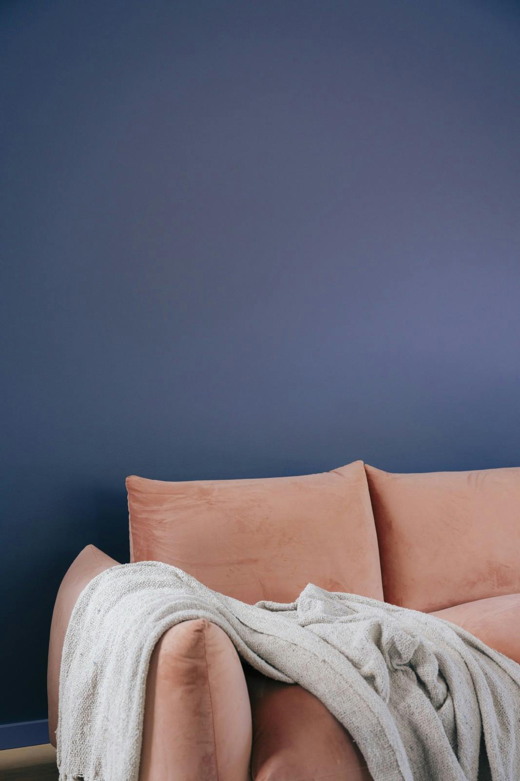 coral sofa frame with grey rug positioned in front of dark navy painted wall