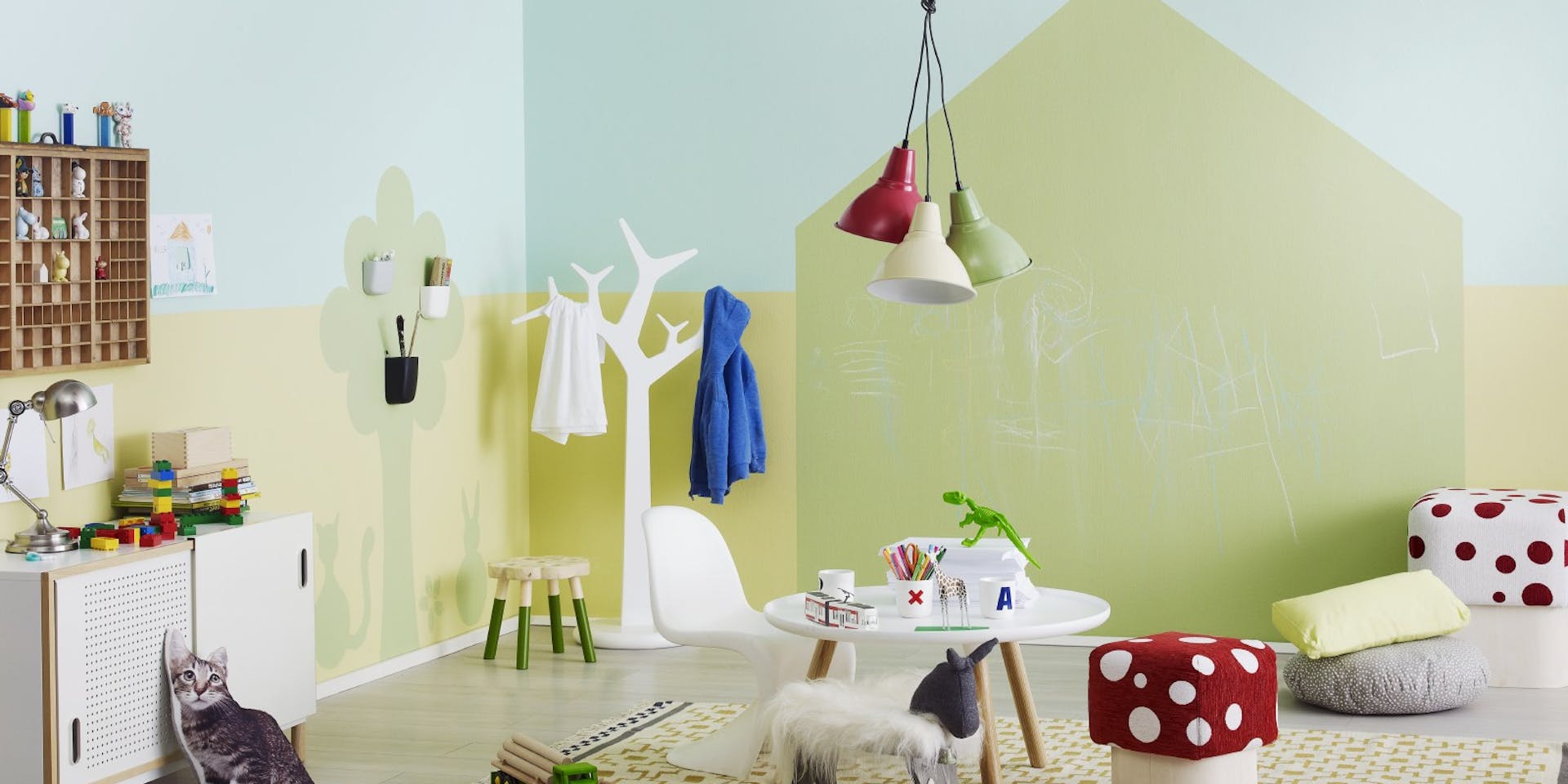 Farmyard Themed Pastel Blue Yellow and Green Kids Room with Blackboard and Magnetic Paint