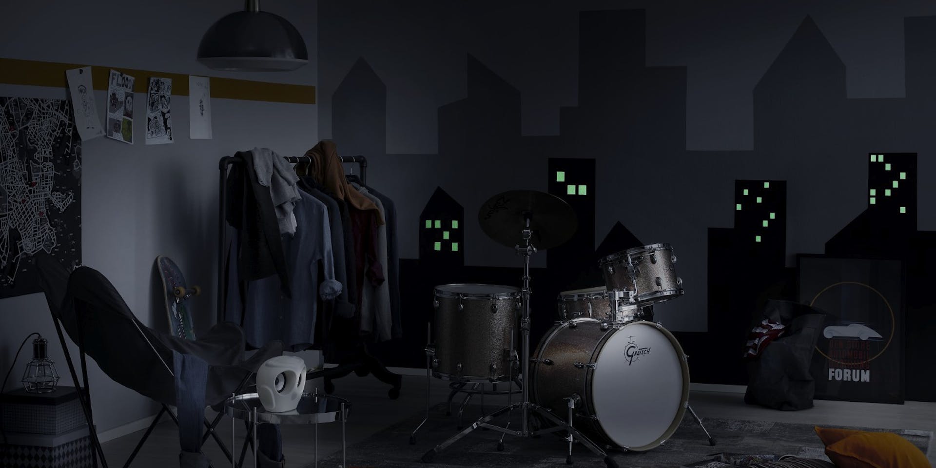 Glow in the dark cityscape mural night image
