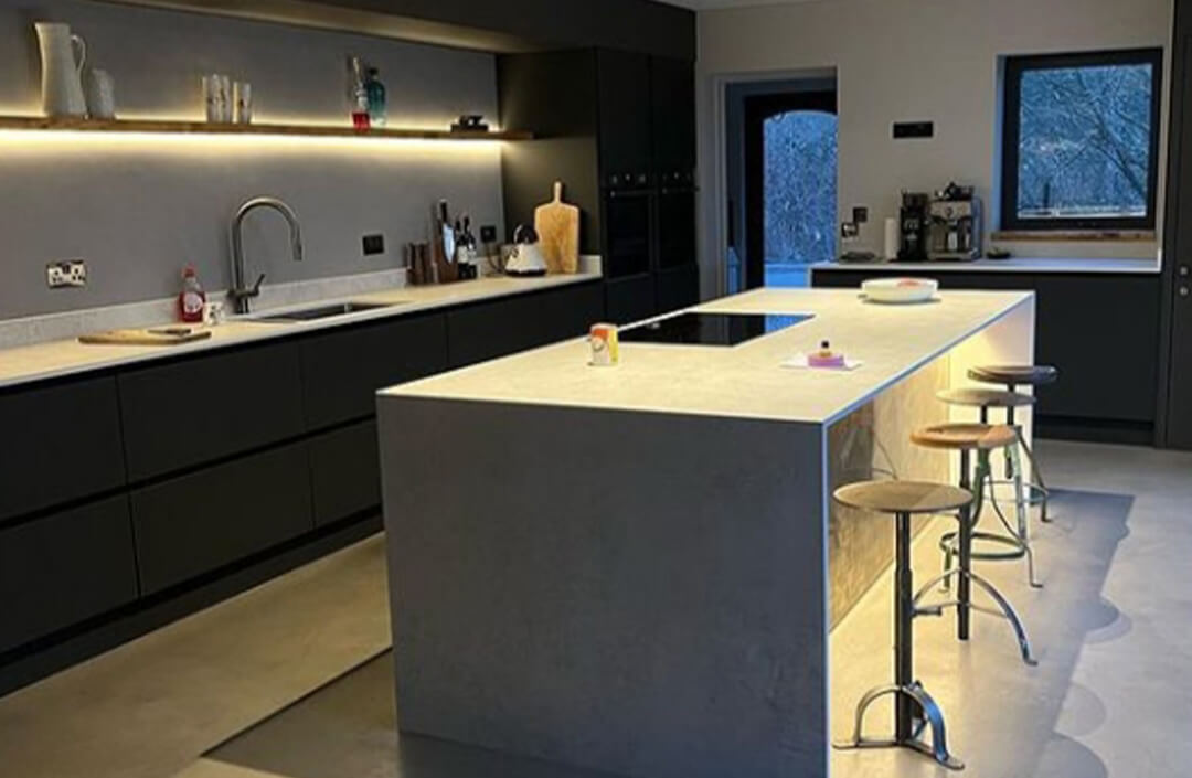 dark kitchen units and island