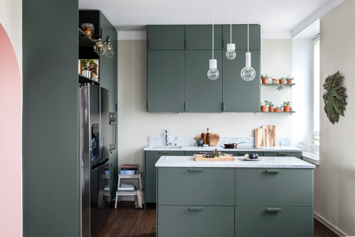 dark green kitchen units 