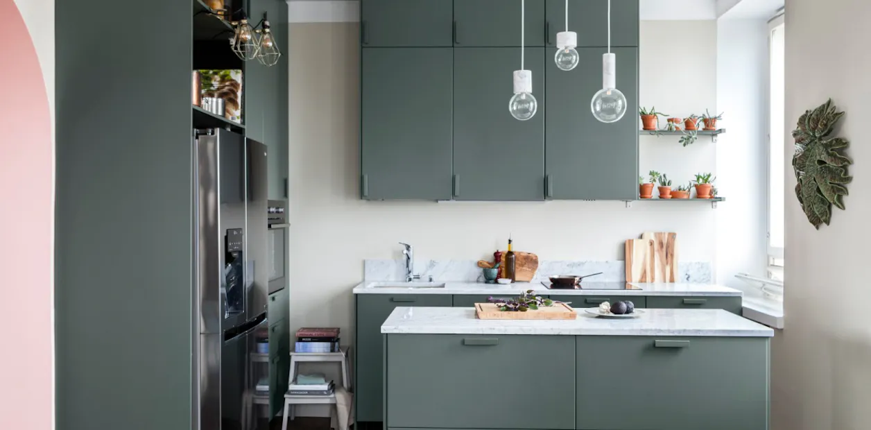 dark green kitchen units