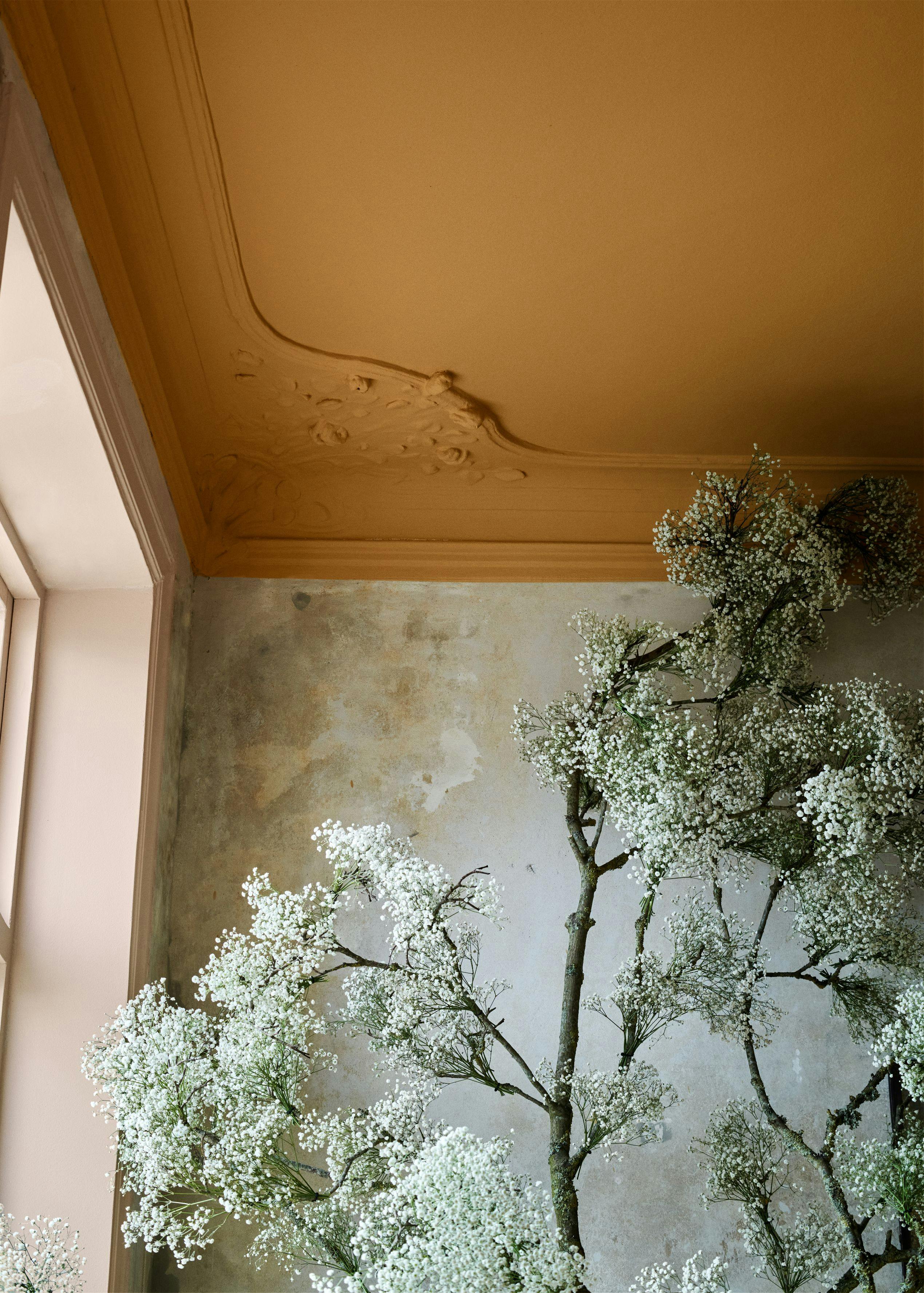 Home large interior tree and ceiling painted in a gold shade