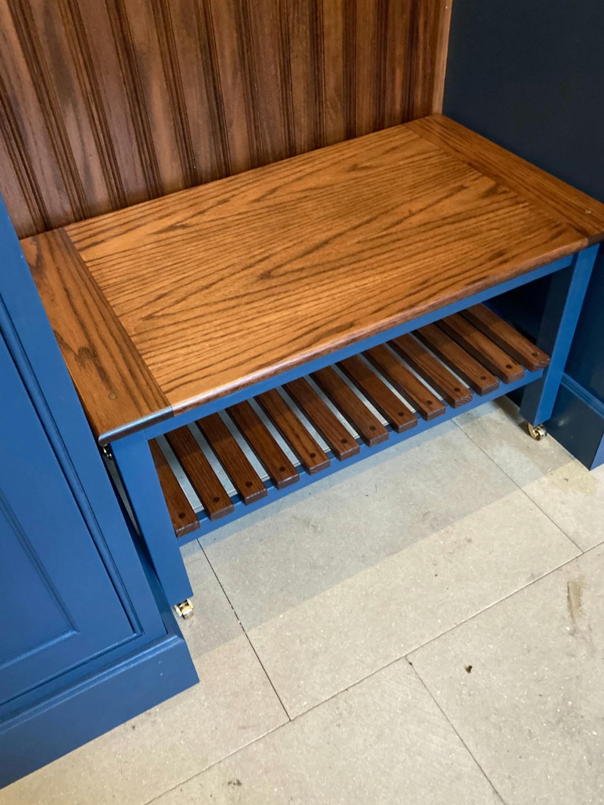 solid oak boot room chair after painting and varnishing