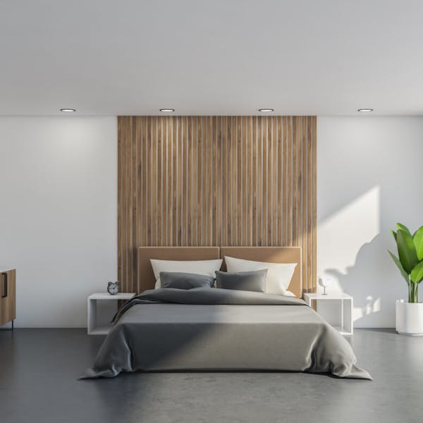 minimalist grey and white bedroom