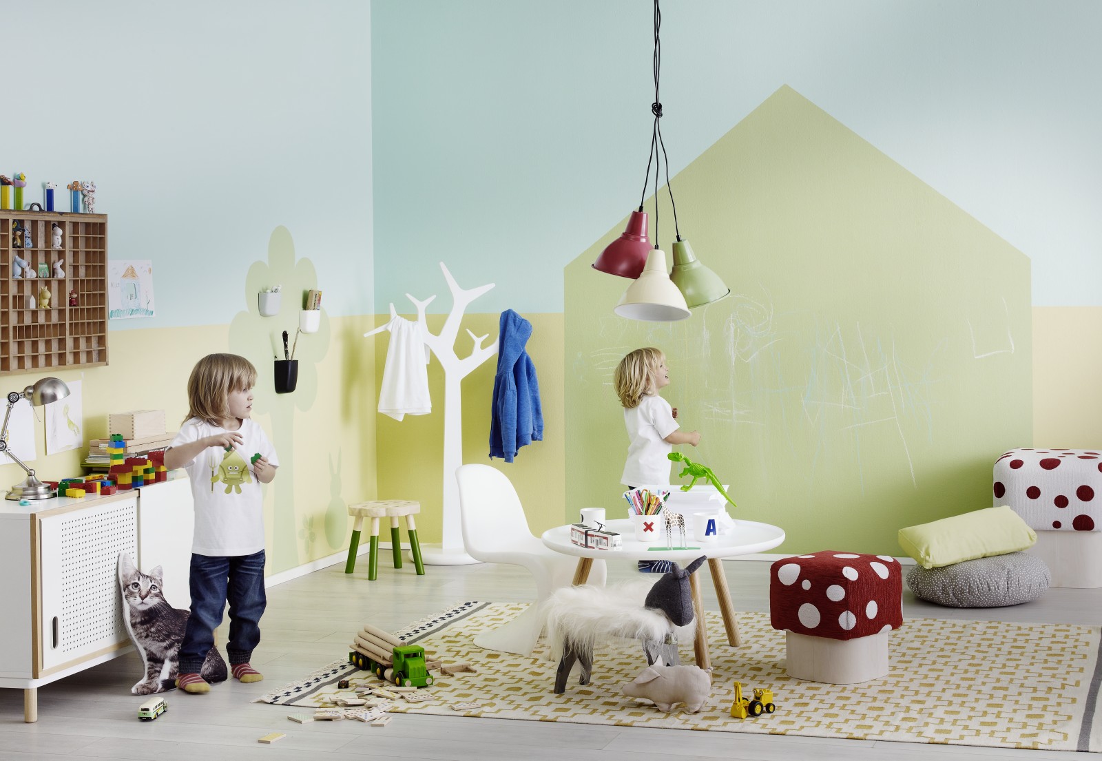 Farmyard Themed Pastel Blue Yellow and Green Kids Room with Two Kids Playing