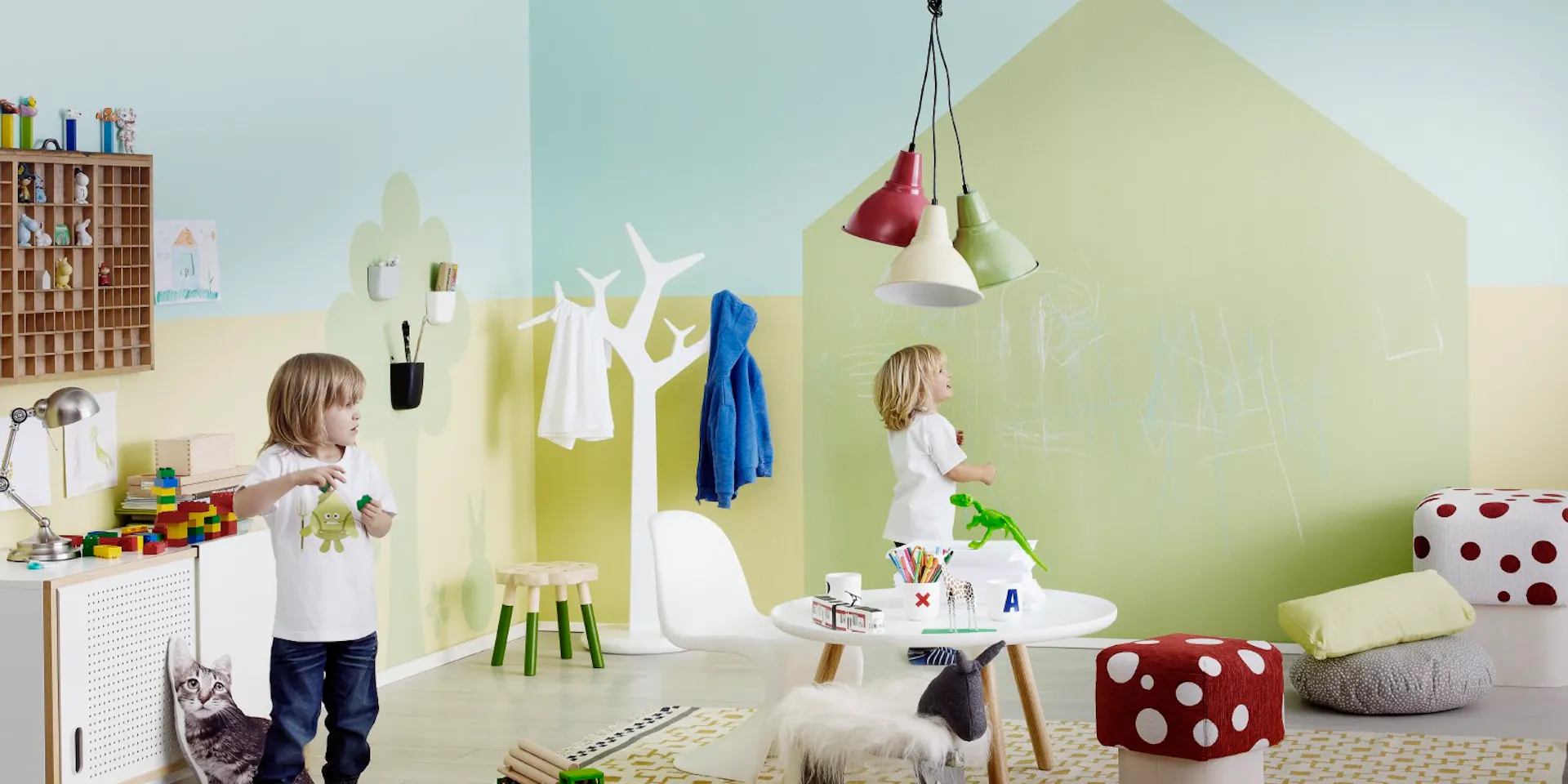 Farmyard Themed Pastel Blue Yellow and Green Kids Room with Two Kids Playing