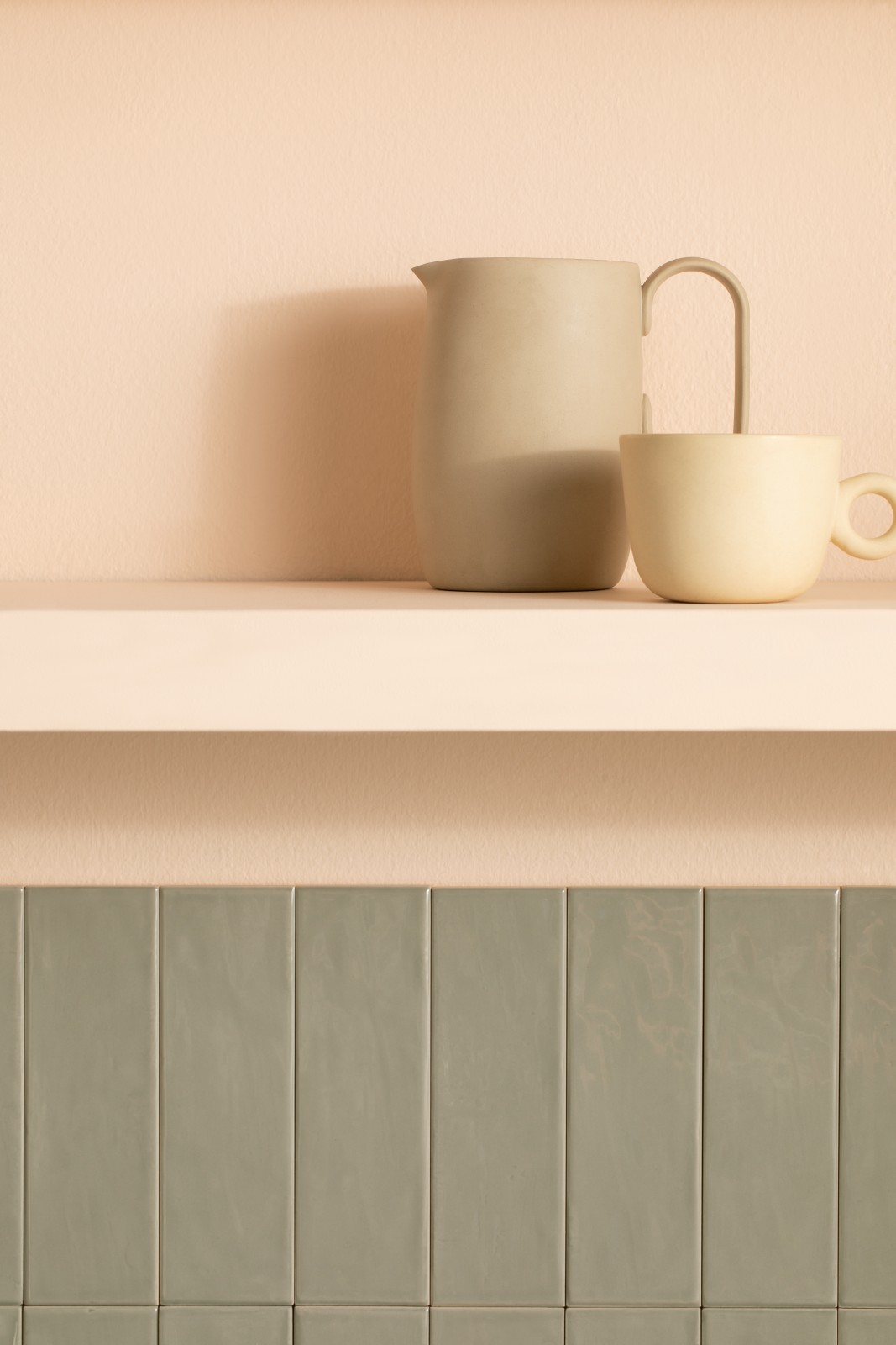 close up of kitchen tiles and shelf