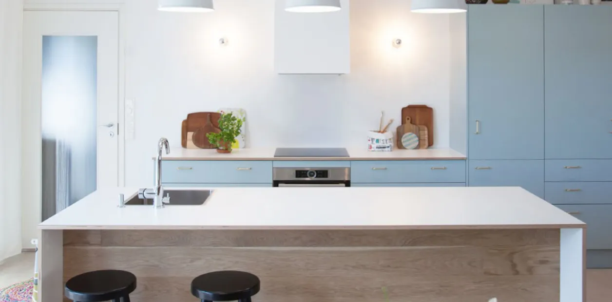 Blue and white kitchen cabinets and island combination