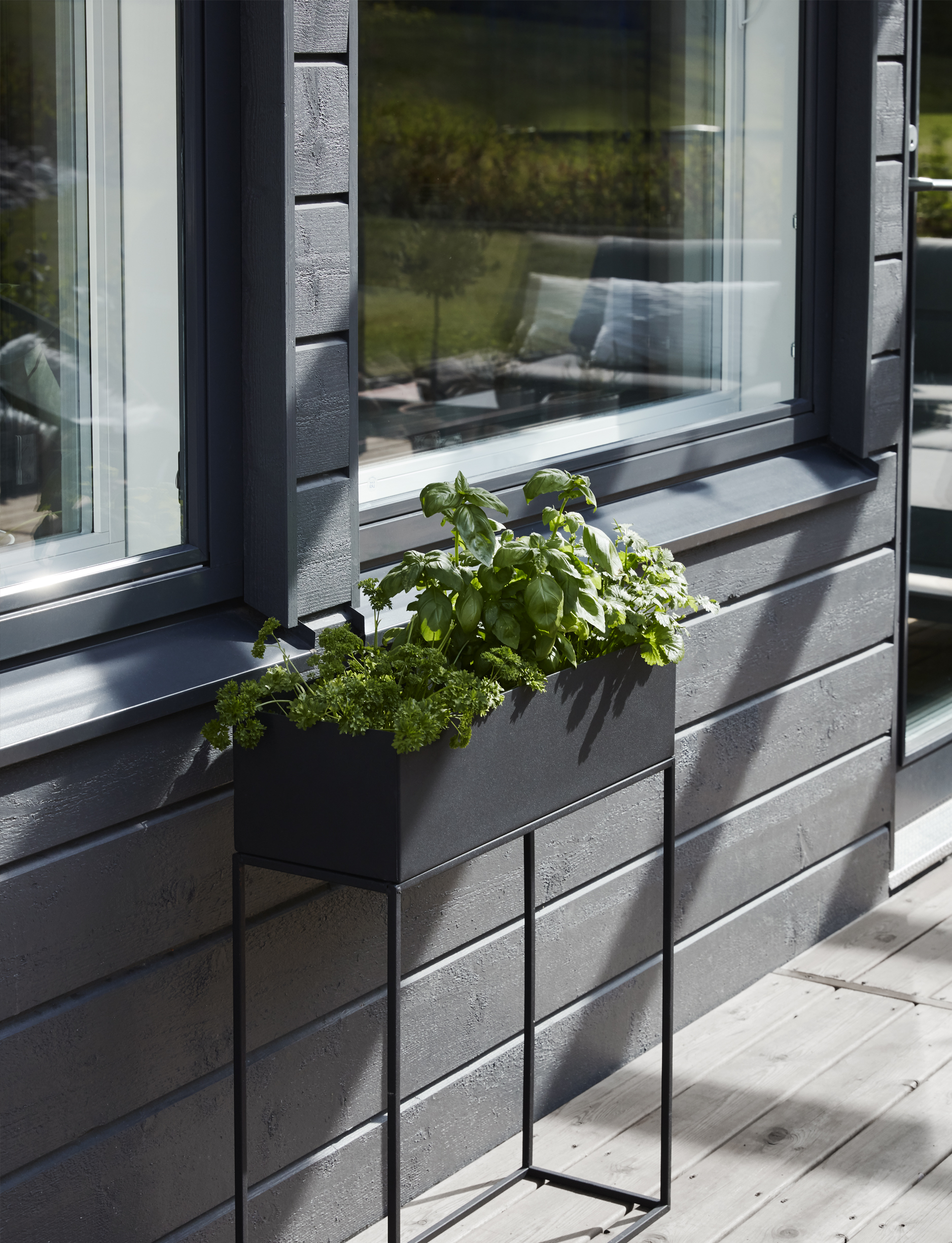 Raised rectangular plant tray against grey wooden house