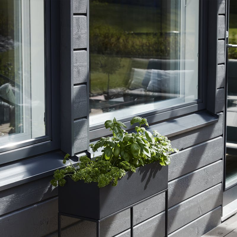 Raised rectangular plant tray against grey wooden house