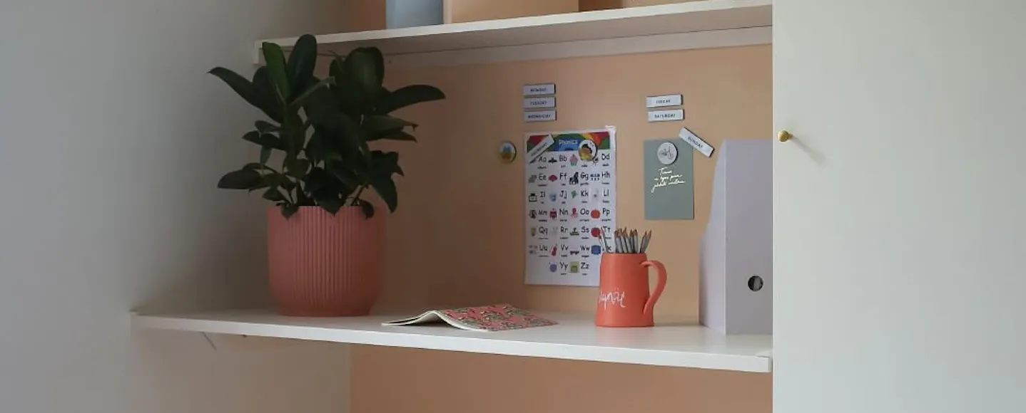 Peach wall in a home office
