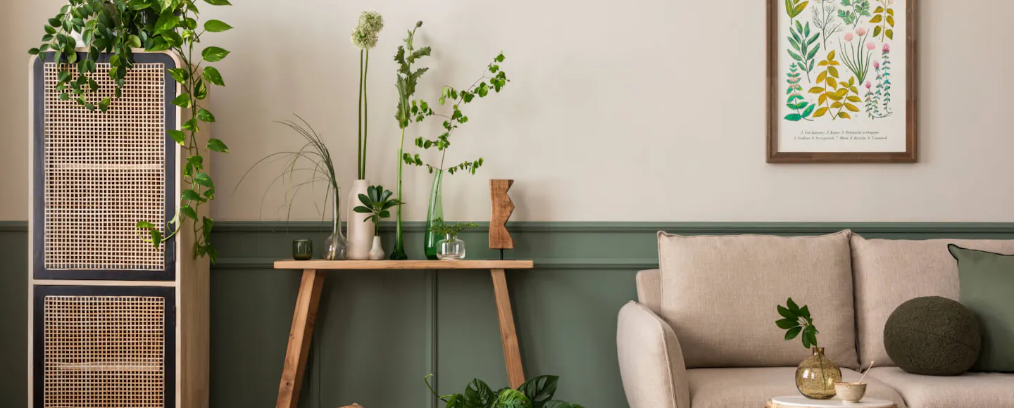 Green wall panelling with a soft neutral wall