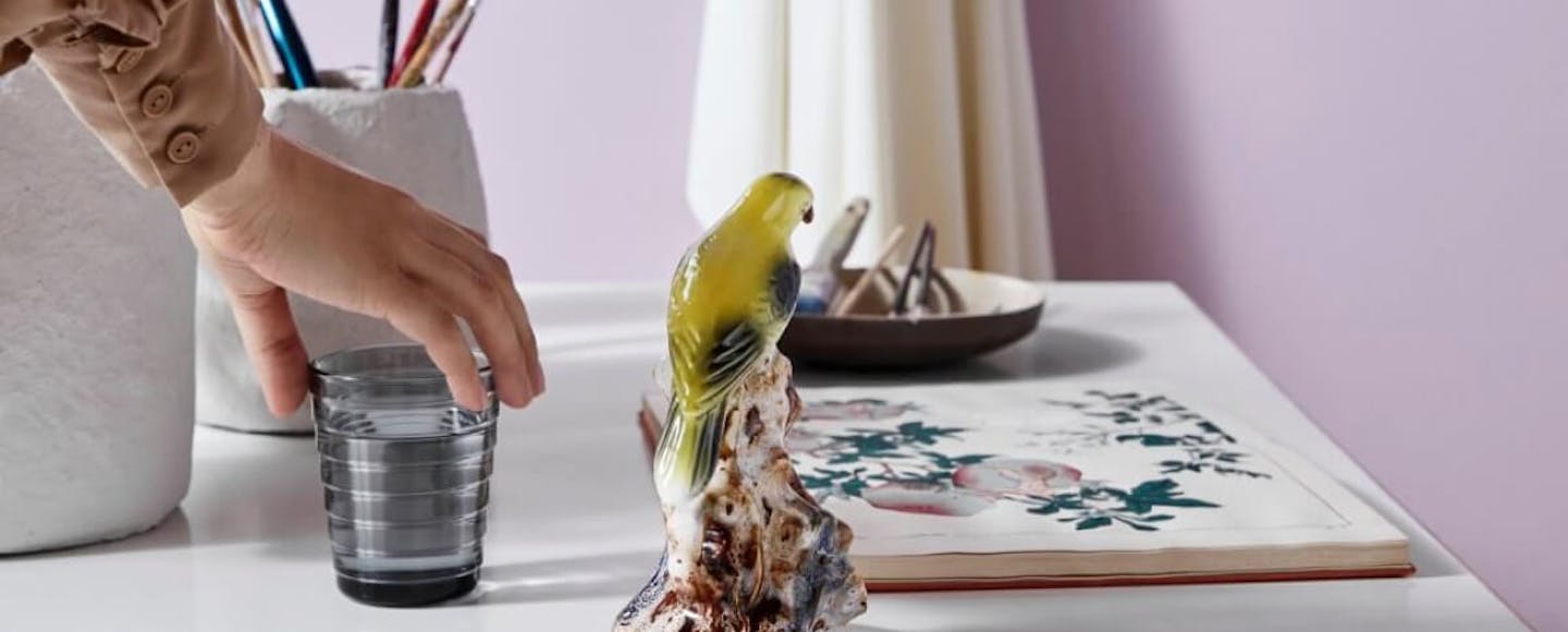 table with pink wall