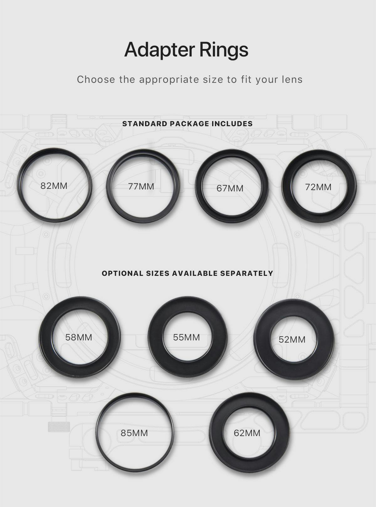 adapter rings available up to 85mm