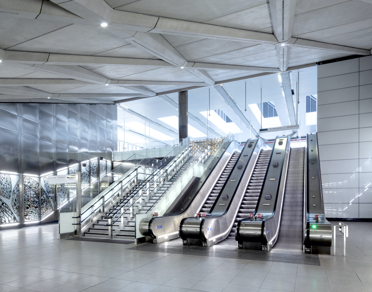 Empty underground station escalators