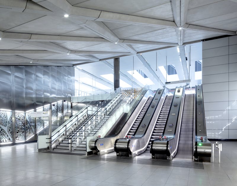 Empty underground station escalators