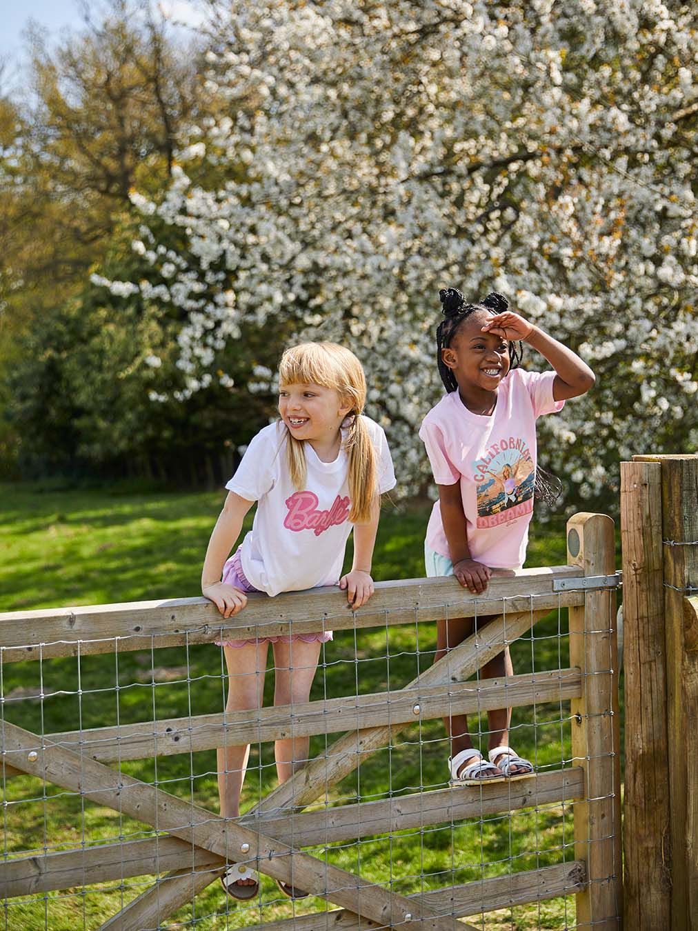 Two young girls, dressed in Barbie T shirts climbing a wooden gate in front of a blossom tree in the sunshine