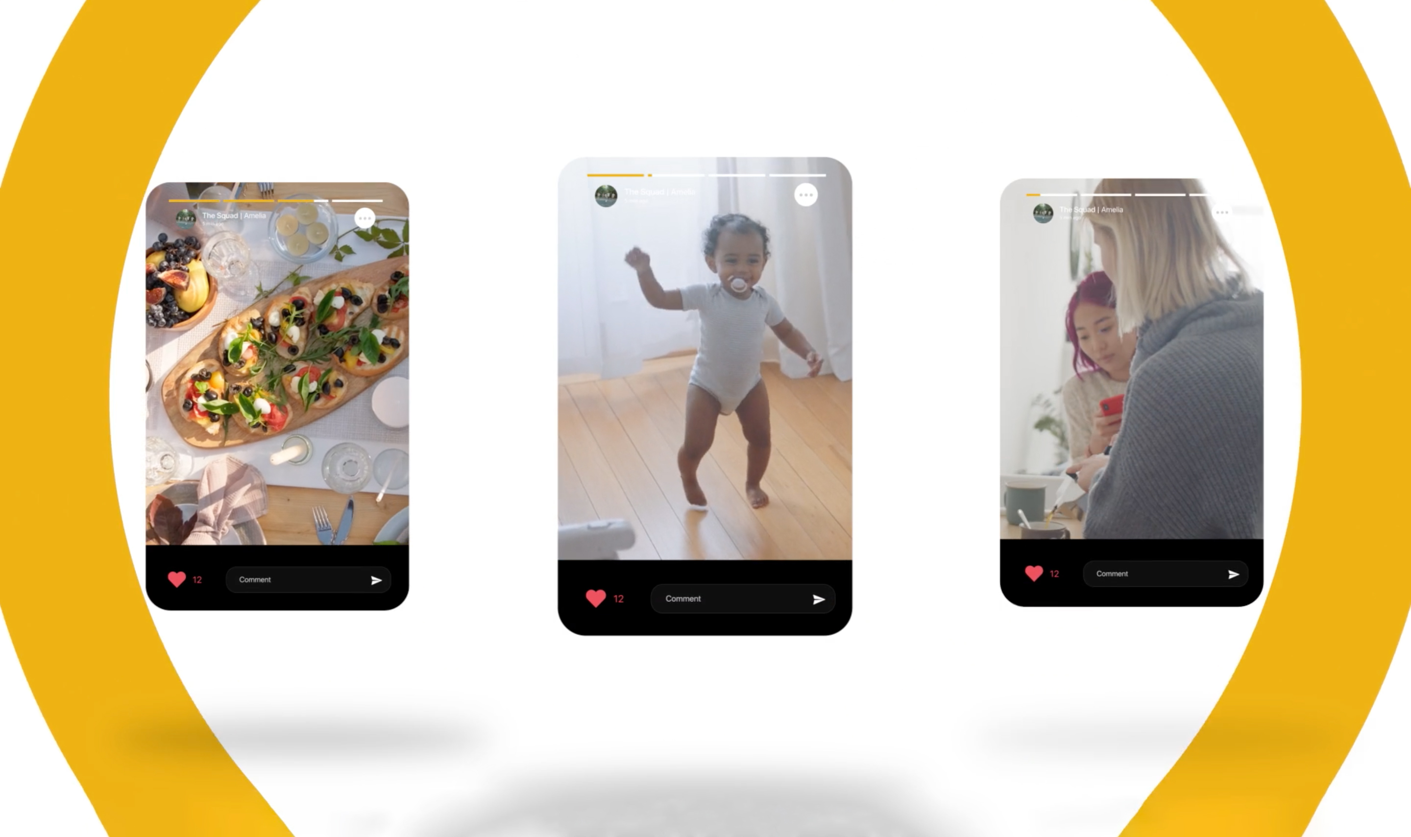 Digital bright yellow graphic background with 3 animated phone screens showing social media stories