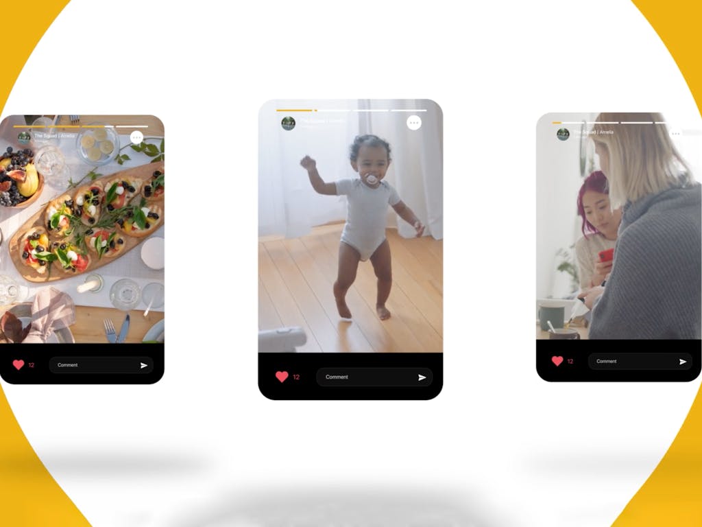 Digital bright yellow graphic background with 3 animated phone screens showing social media stories