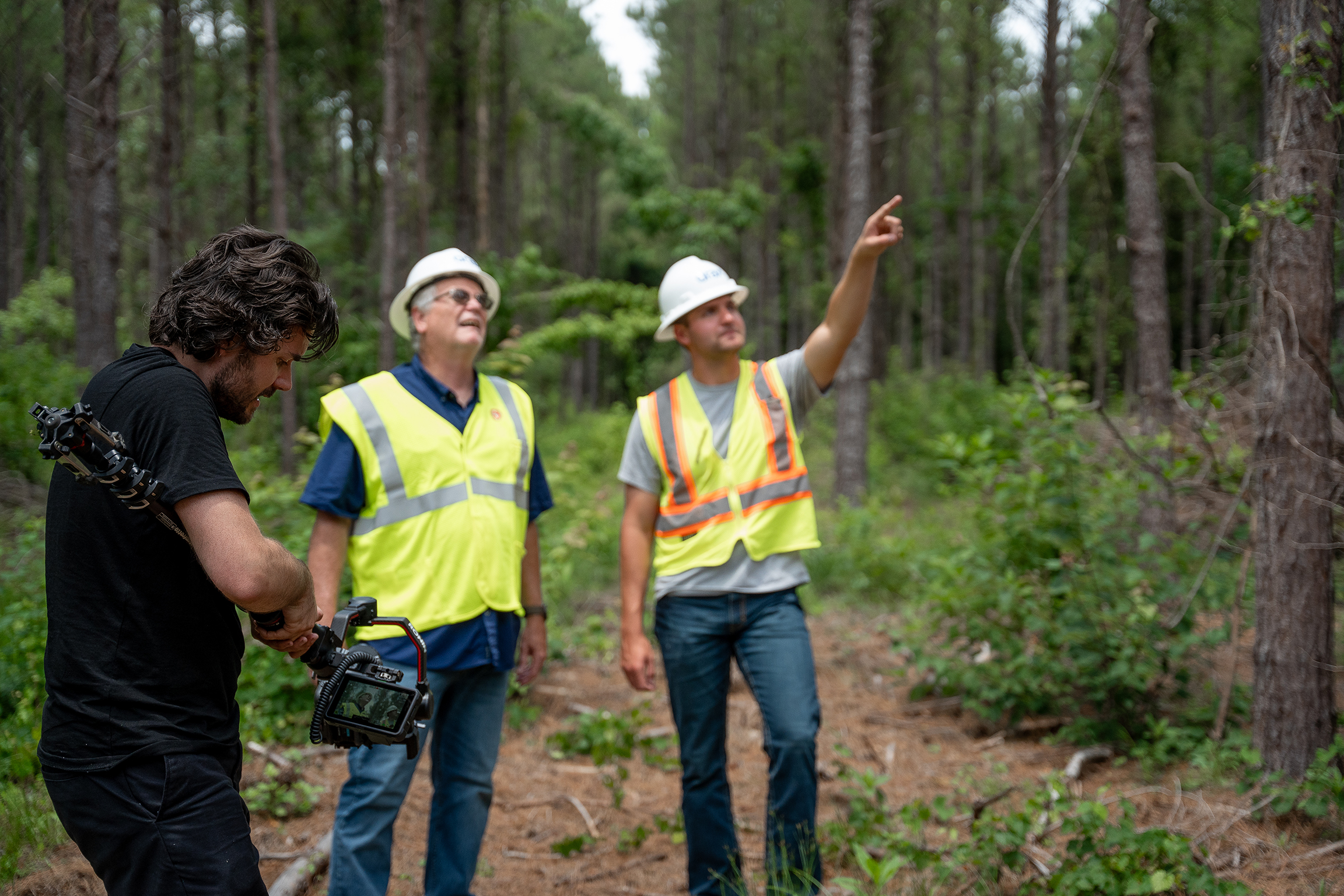 Behind the scenes image of a camera man capturing two engineers pointing at trees