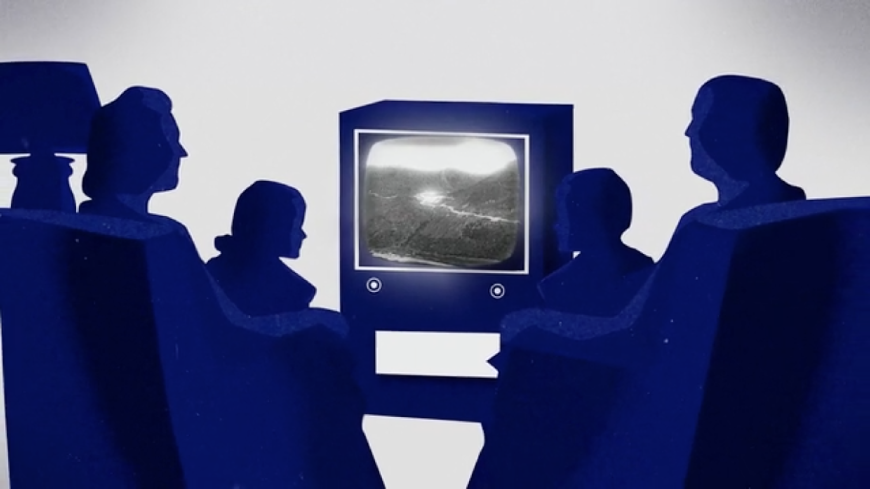 Animated graphic of a family gathered around an old black and white tv