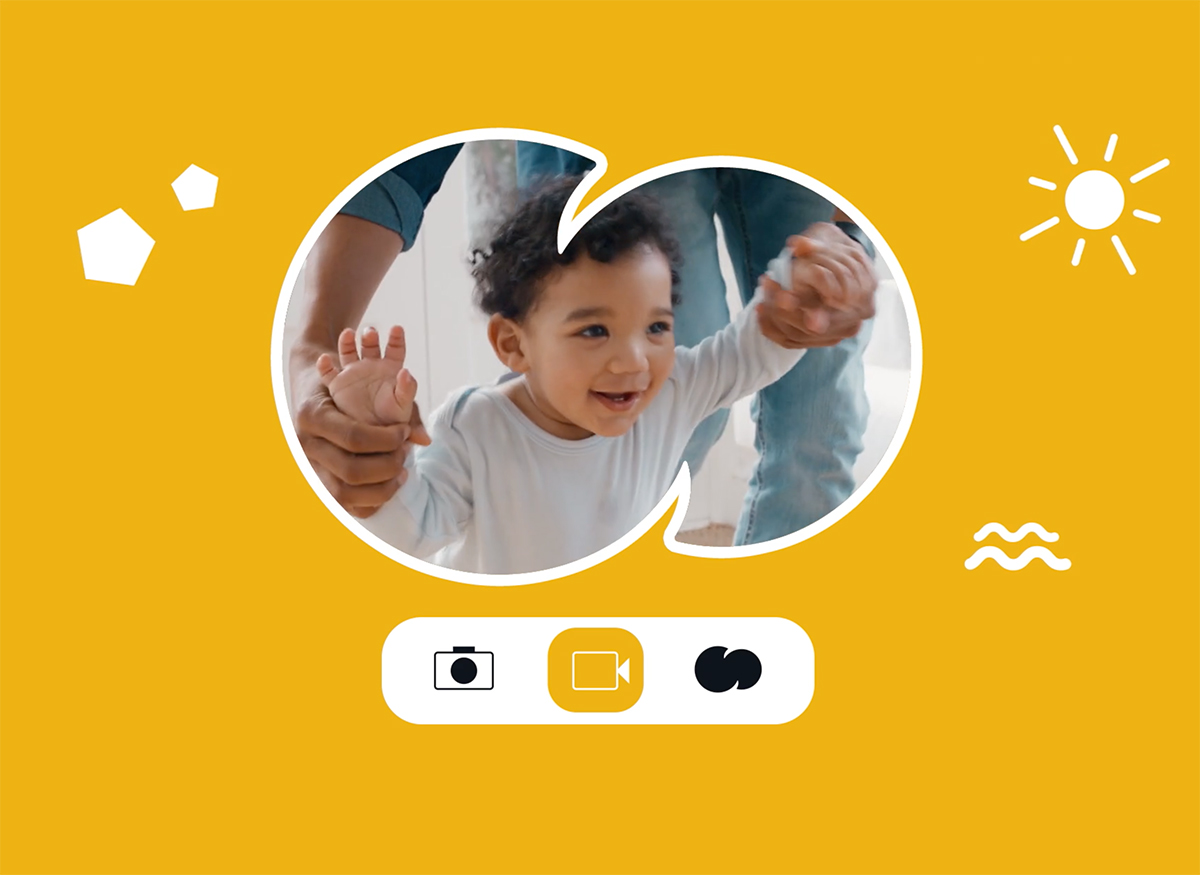 Digital bright yellow graphic background with MyIns logo framing a picture of a child learning to walk