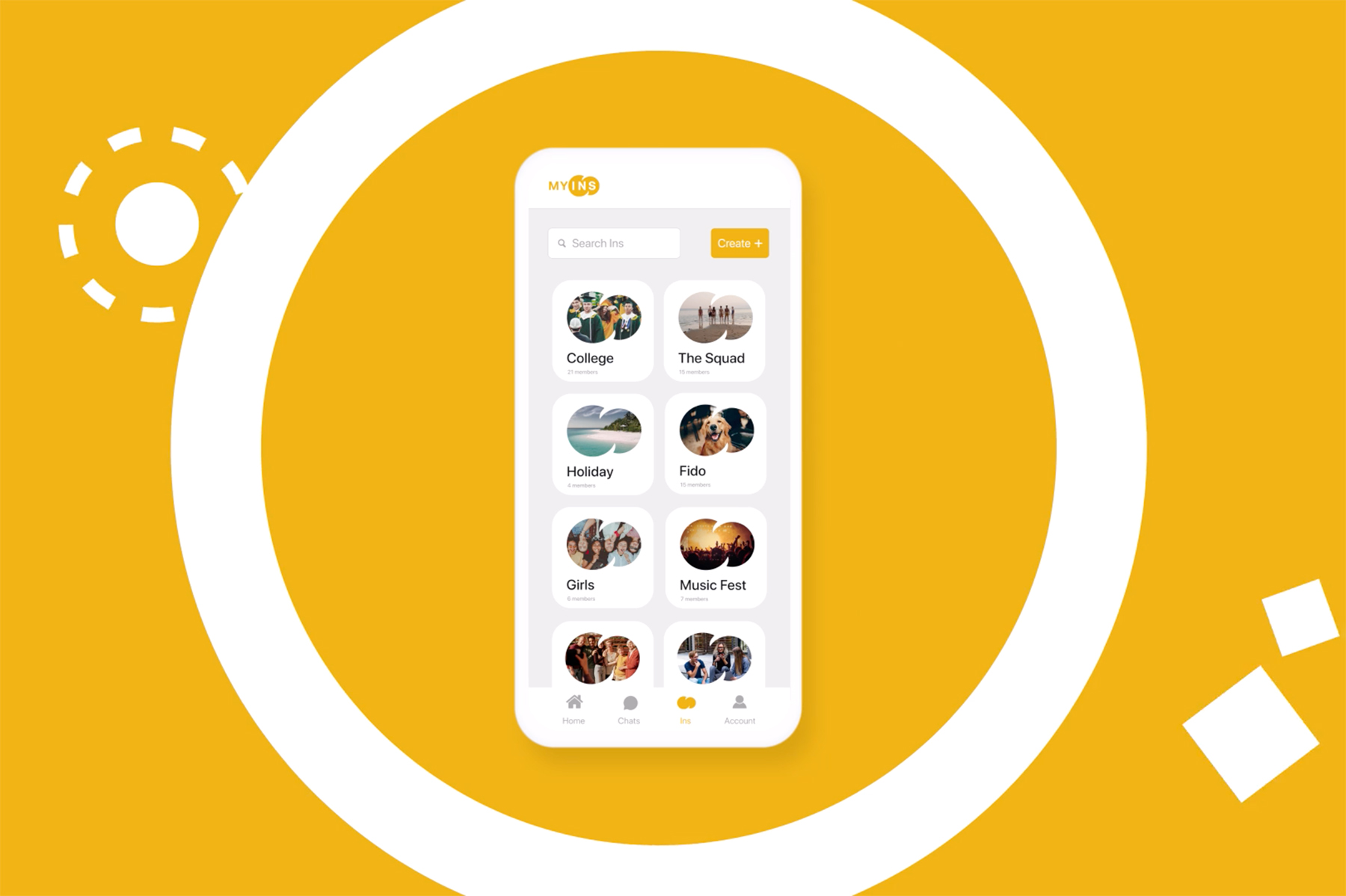 Digital bright yellow graphic background with an animated phone screen showing group chats