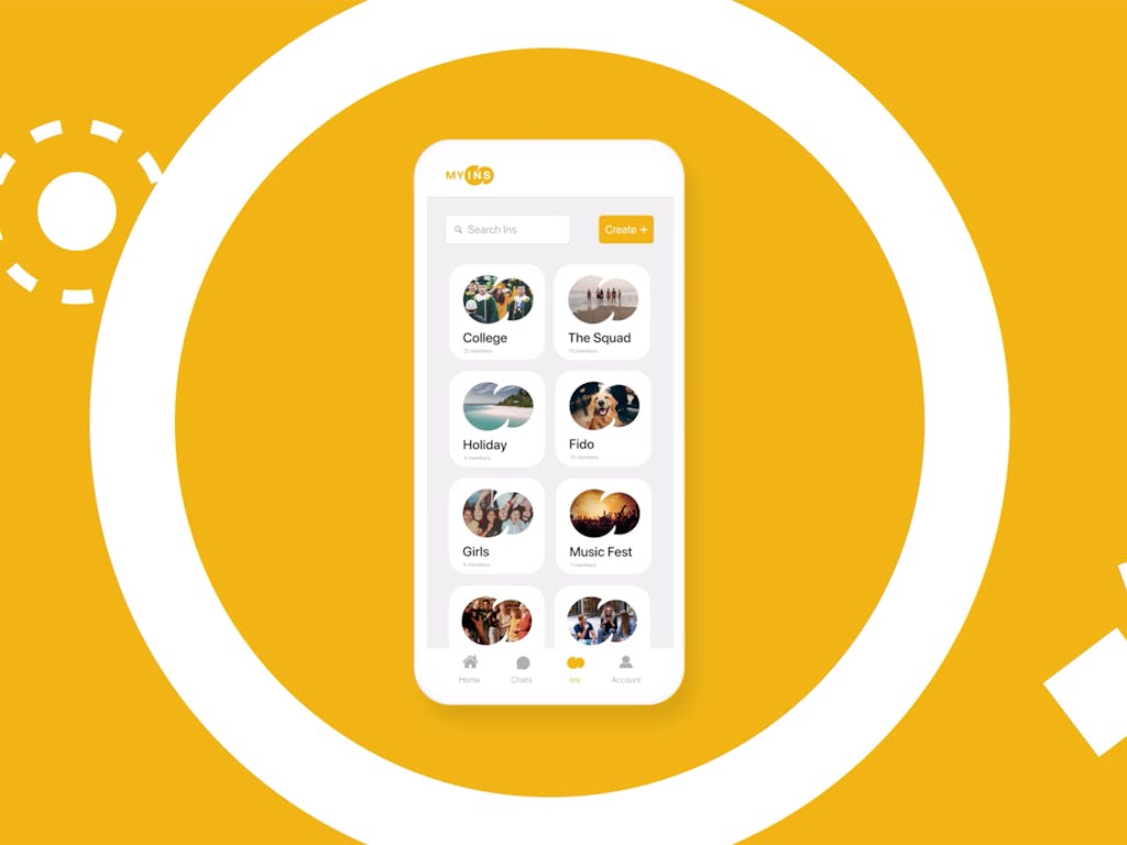 Digital bright yellow graphic background with an animated phone screen showing group chats