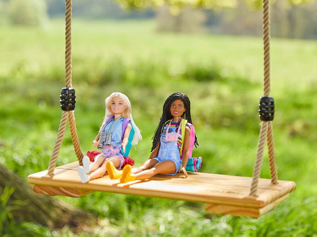 Two Barbie dolls sat on a tree swing in the sunshine