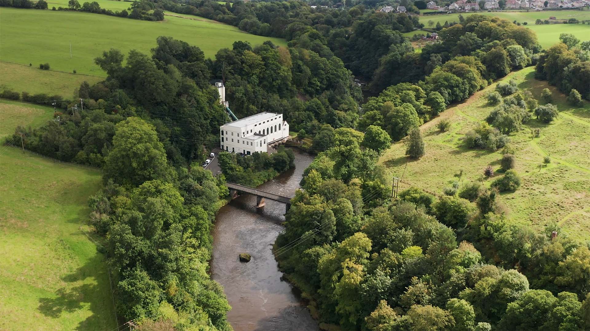 Drone aerial photography of a Lanark Hydro Power plant in Scotland