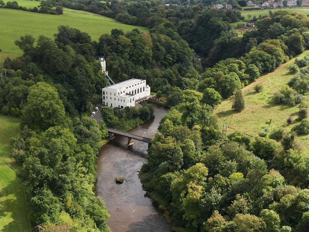 Drone aerial photography of a Lanark Hydro Power plant in Scotland