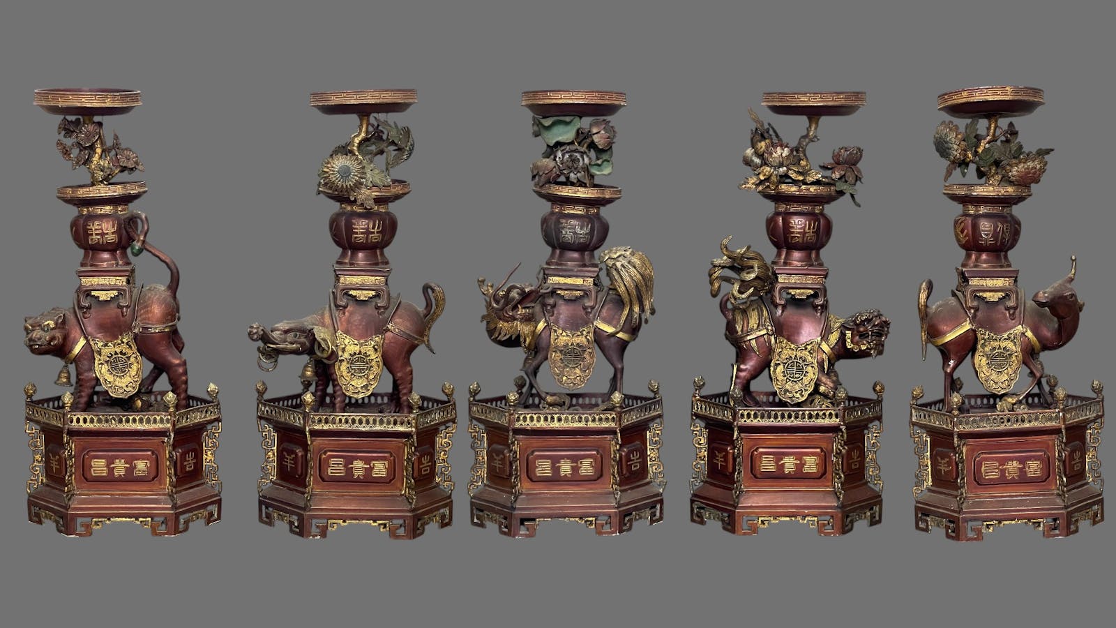 Qing Dynasty Five Offerings (Crafted by Yan Heshun Diantong) 清代 五供(颜和顺点铜制)