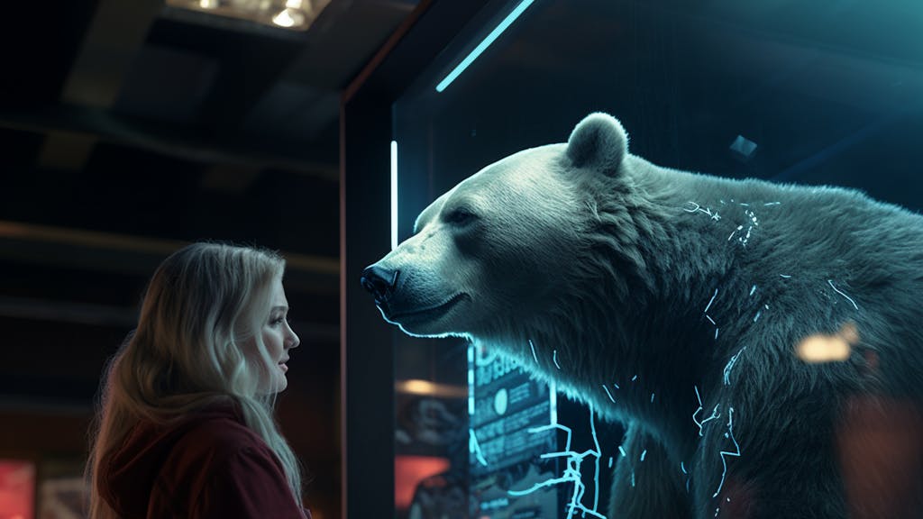 Björn som kommer ut från skärm symboliserar börsnedgången under 2022 och 2023.